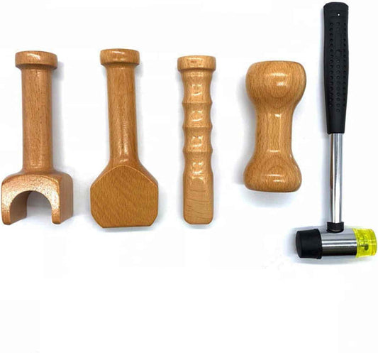 Pack 5 Tok Sen Wedge Massager Hammer, Center-Punch, Chisel, Dumbbell, Percussion, Wooden Tool Deep Tissue Therapy Toksen Massage