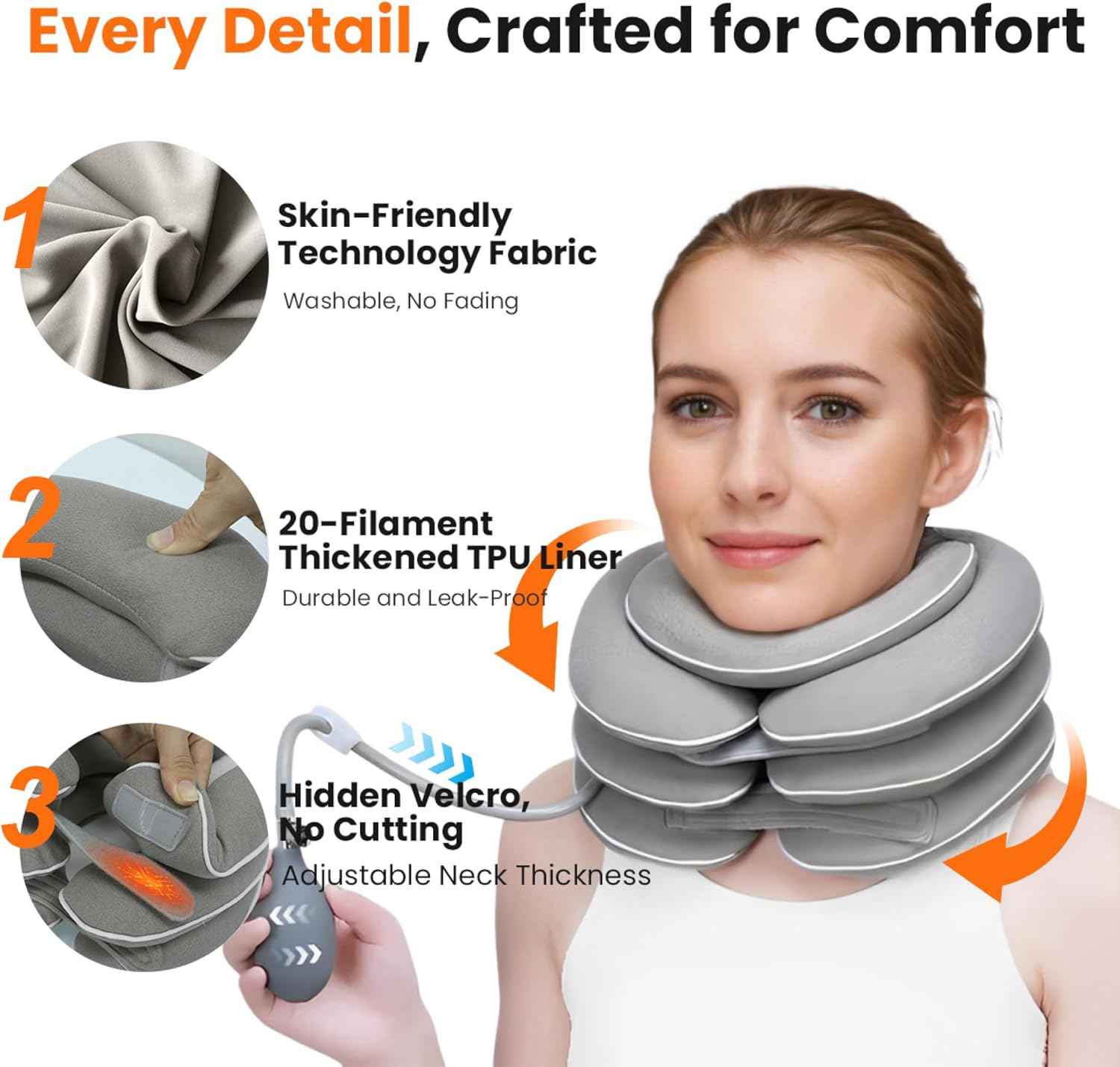 Neck Stretcher with Neck Brace,Cervical Traction Neck Device,Neck Relief Tool,Adjustable Inflatable Cervical Brace,Home Use Neck Decompression New Technology Breathable Fabric Washable(Gray) Thai Therapy by Maria