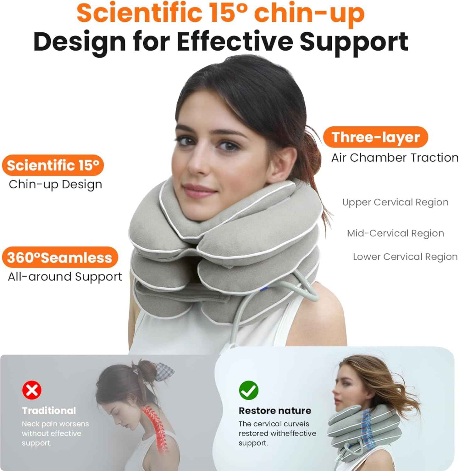 Neck Stretcher with Neck Brace,Cervical Traction Neck Device,Neck Relief Tool,Adjustable Inflatable Cervical Brace,Home Use Neck Decompression New Technology Breathable Fabric Washable(Gray) Thai Therapy by Maria