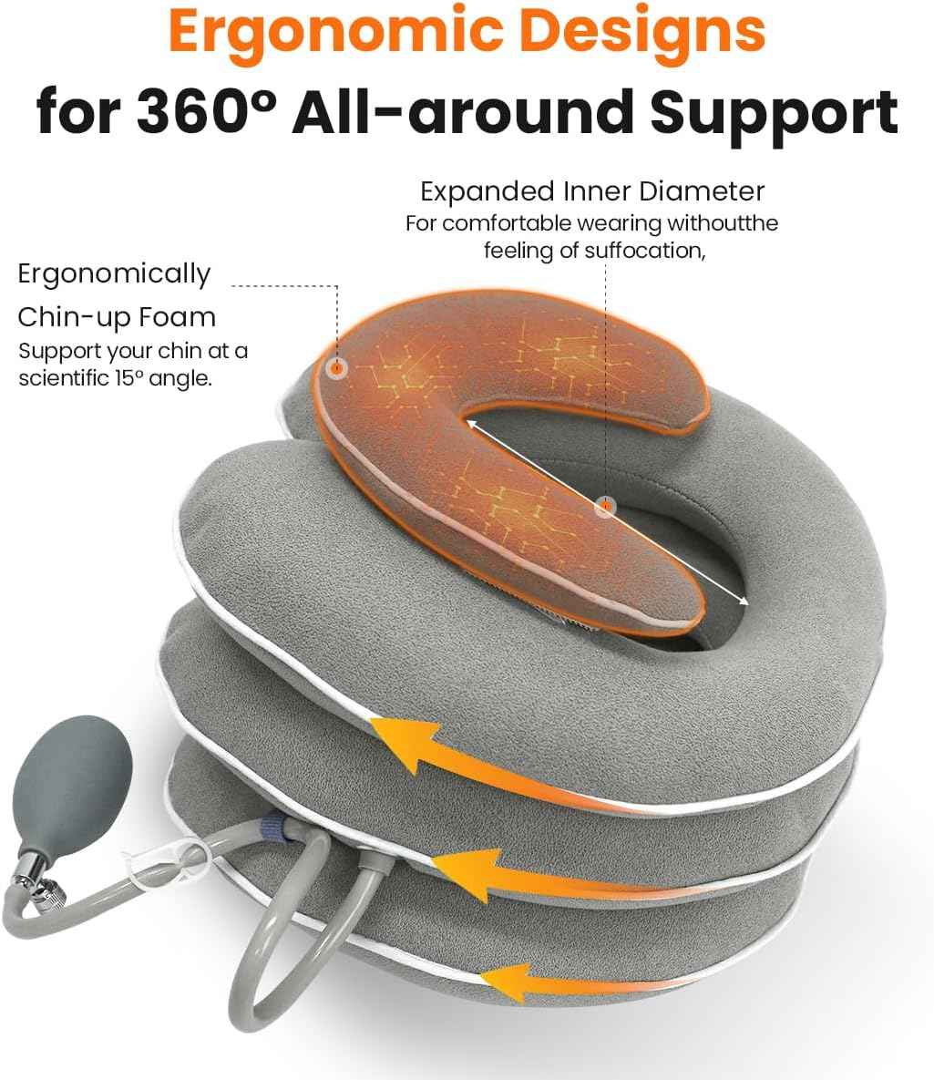 Neck Stretcher with Neck Brace,Cervical Traction Neck Device,Neck Relief Tool,Adjustable Inflatable Cervical Brace,Home Use Neck Decompression New Technology Breathable Fabric Washable(Gray) Thai Therapy by Maria