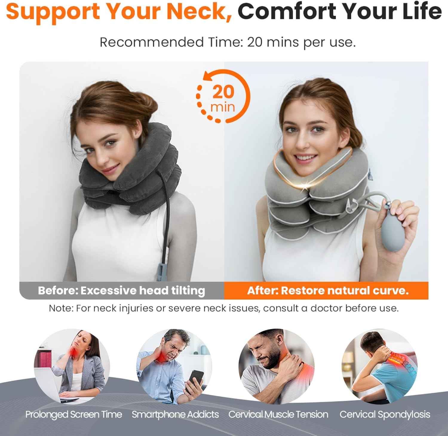 Neck Stretcher with Neck Brace,Cervical Traction Neck Device,Neck Relief Tool,Adjustable Inflatable Cervical Brace,Home Use Neck Decompression New Technology Breathable Fabric Washable(Gray) Thai Therapy by Maria