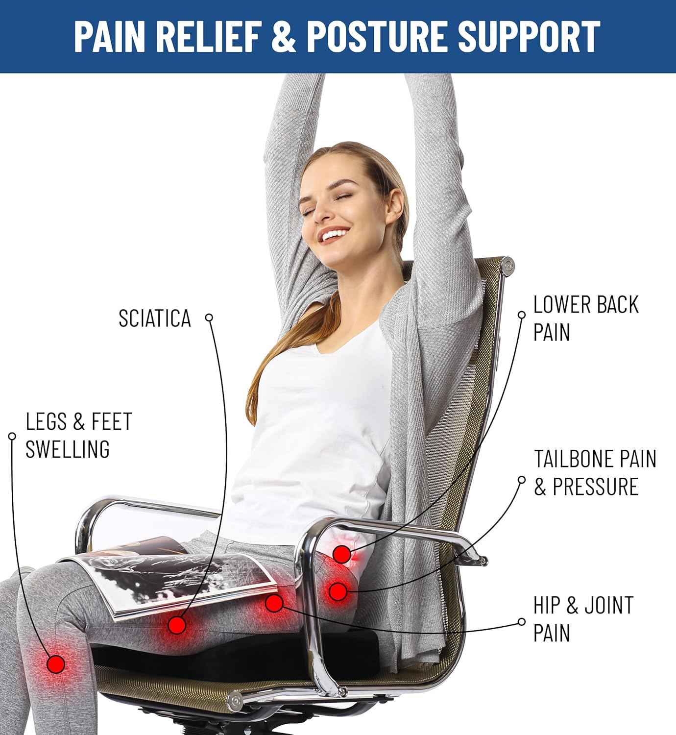 Everlasting Comfort Gel Memory Foam Seat Cushion for Office Chairs & Car Seat - FSA/HSA Eligible Chair Cushions - Ergonomic Office Desk Accessories for Tailbone/Sciatica Pain Relief & Back Support Thai Therapy by Maria