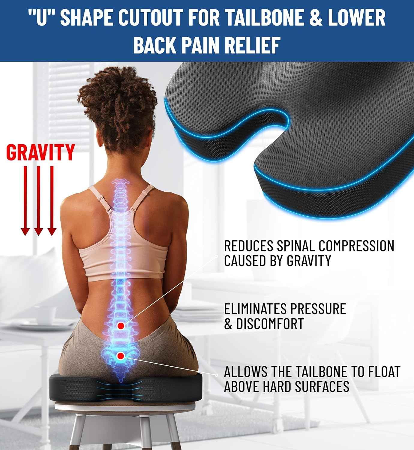 Everlasting Comfort Gel Memory Foam Seat Cushion for Office Chairs & Car Seat - FSA/HSA Eligible Chair Cushions - Ergonomic Office Desk Accessories for Tailbone/Sciatica Pain Relief & Back Support Thai Therapy by Maria