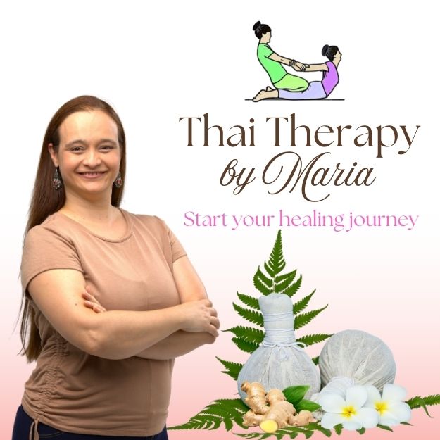 Promotional image for Thai Therapy by Maria with a Maria and related elements on a light pink background.